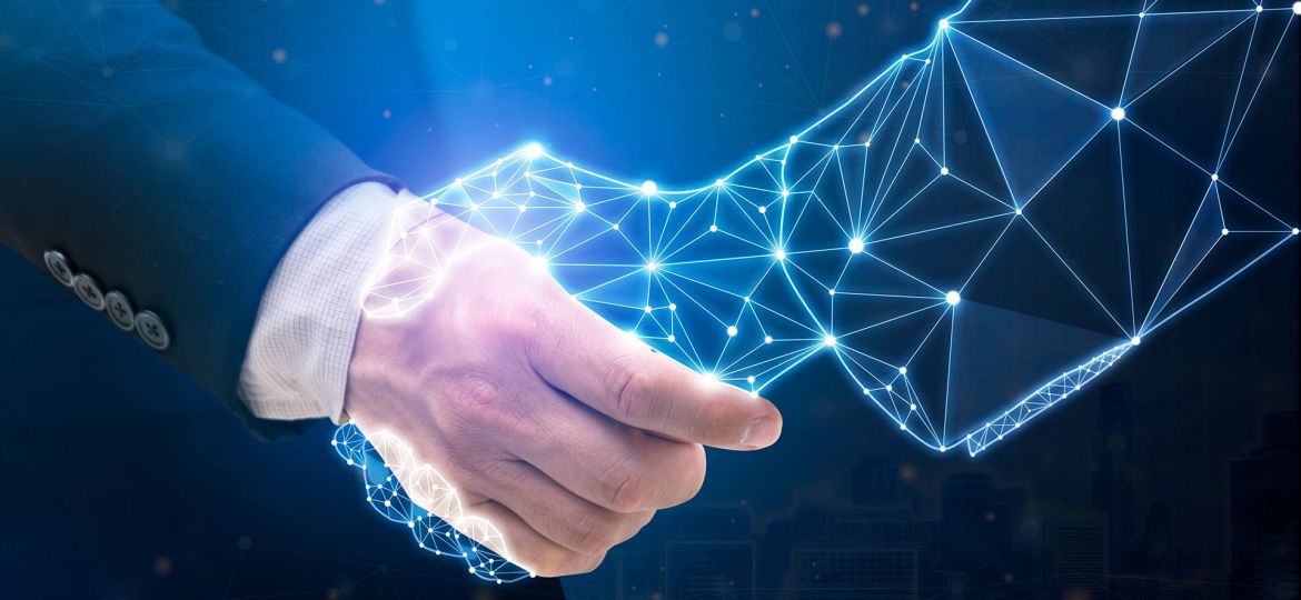 Businessperson,Shaking,Hand,With,Digital,Partner,Over,Futuristic,Background.,Artificial