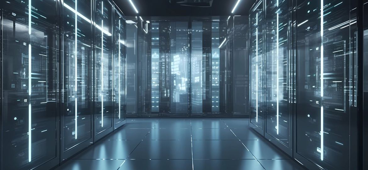 3D rendering of a futuristic data center with holographic screen